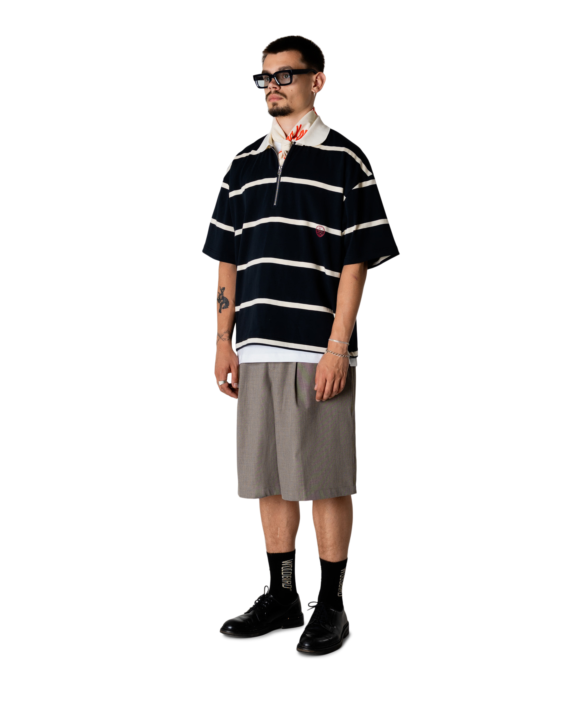 Woodbird WBHiro S/S Stripe Zip Polo T-Shirts Off White-Navy